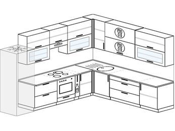 Планировка угловой кухни 11,1 м², 310 на 270 см: верхние модули 92 см, холодильник, встроенный духовой шкаф, корзина-бутылочница