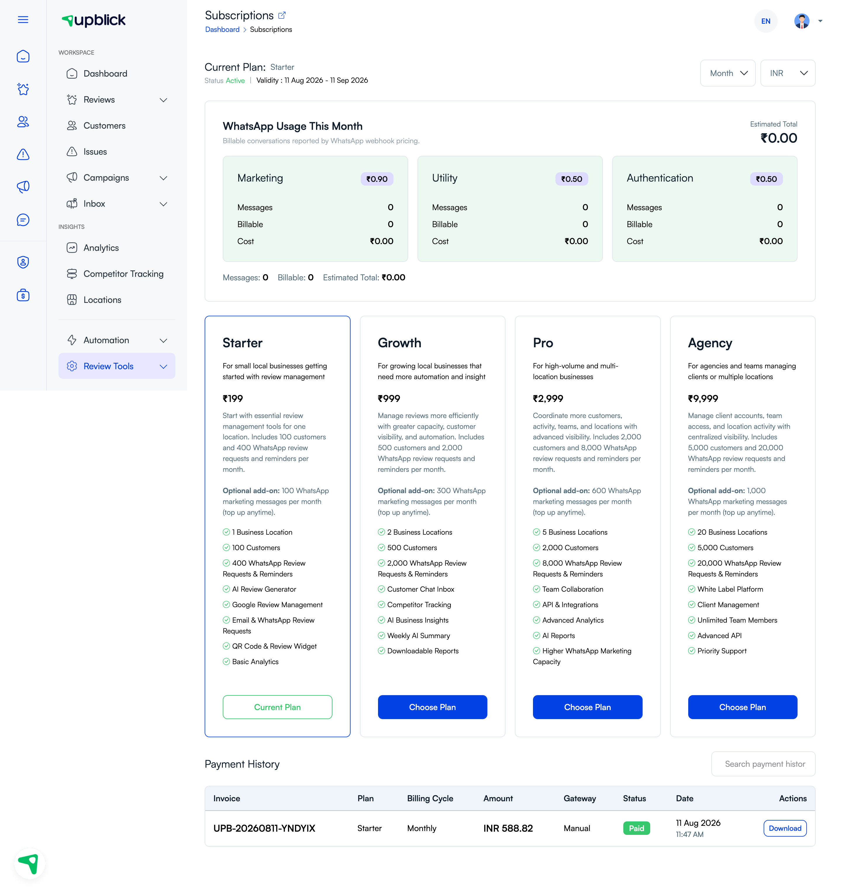 UpBlick subscriptions page showing plan status, WhatsApp usage, and payment history