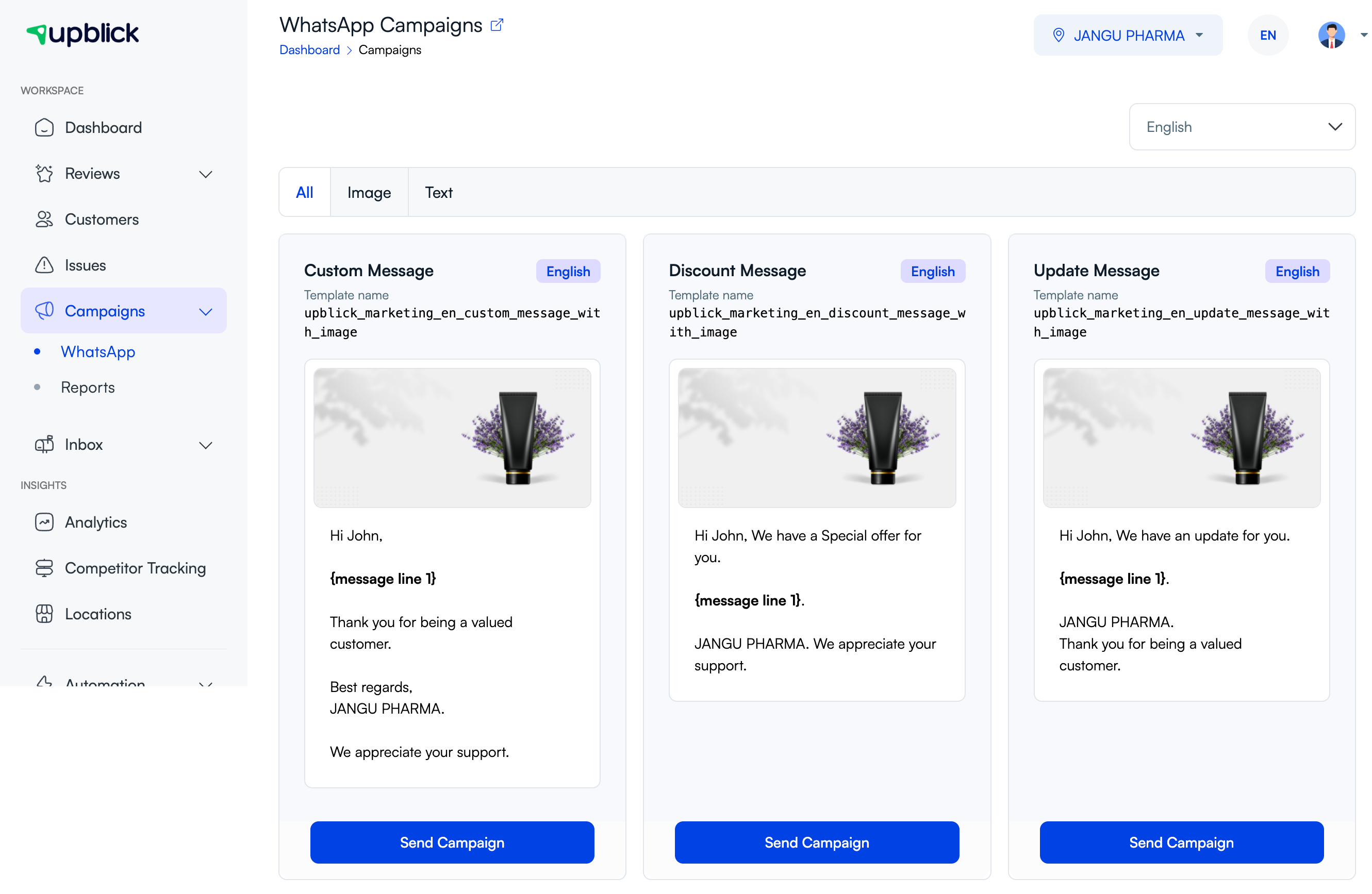 UpBlick WhatsApp Campaigns page showing custom, discount, and update campaign templates