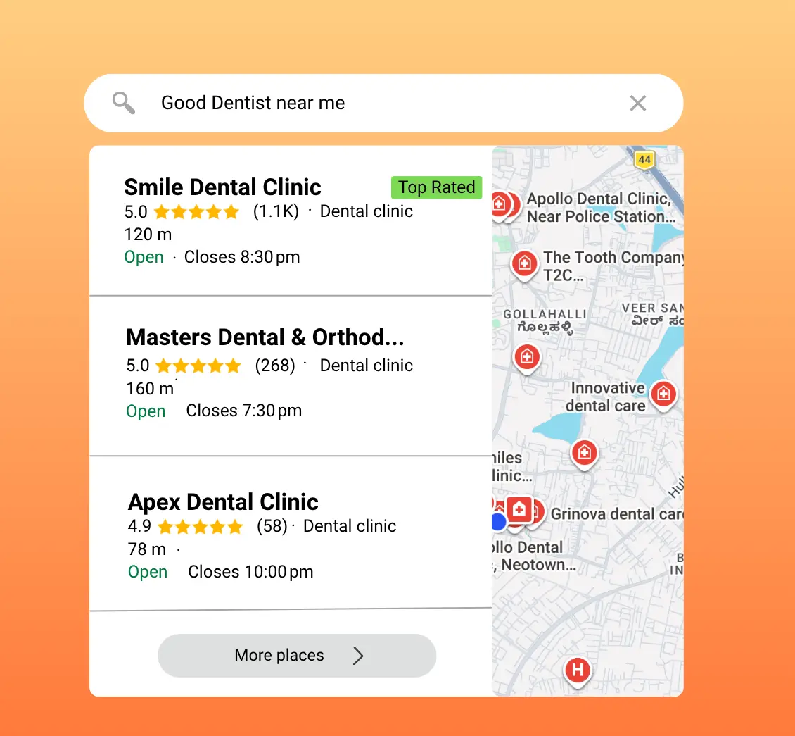 Google Maps local search results showing dental clinic listings and customer reviews