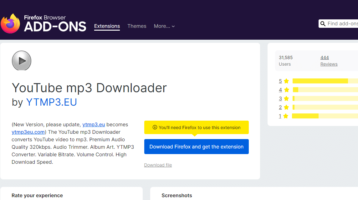 Download Mp3 from YouTube Using Mozilla Firefox Add-on. Source: addons.mozilla.org