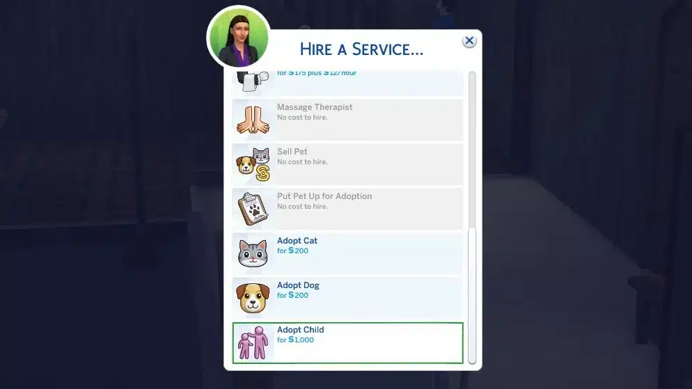 Cara Mengadopsi Anak di The Sims 4 - menu hire a service