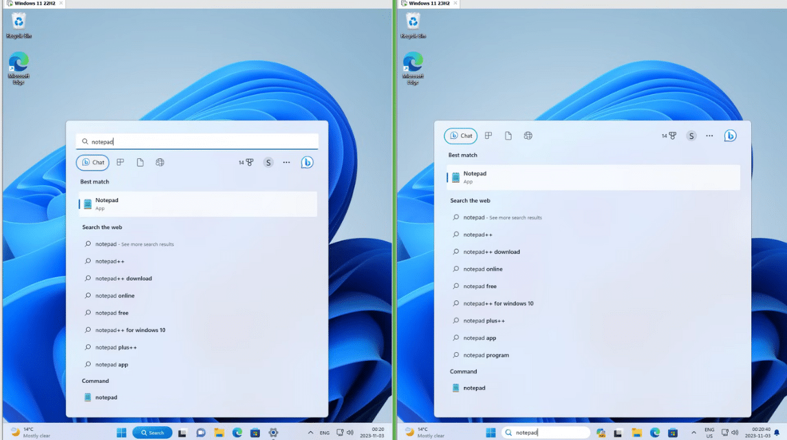 Comparison of Search on the Windows 22H2 and 23H2 taskbar