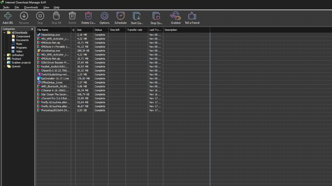 インターネット ダウンロード マネージャーの表示