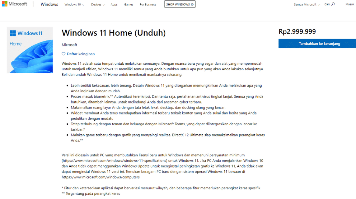 Windows 11 Home Price Display