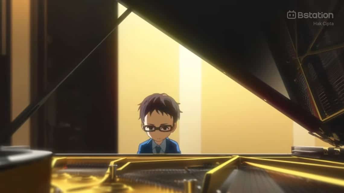 Arima Kousei kecil sedang bermain piano