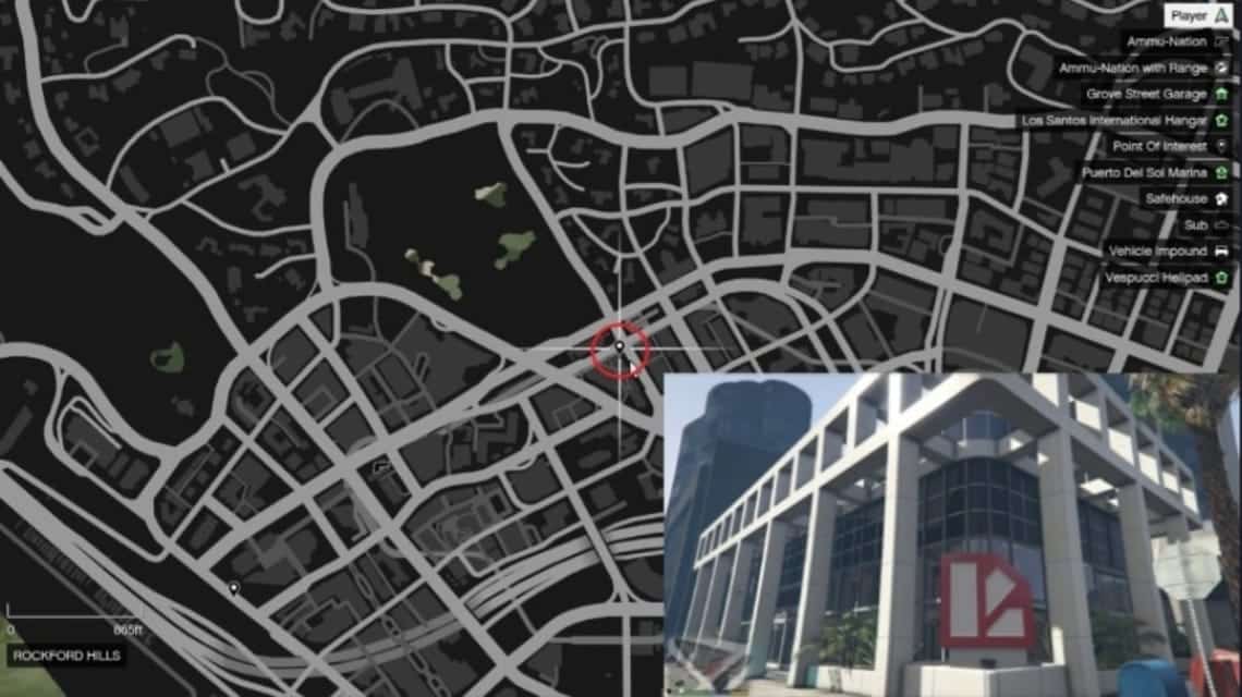 Where is the bank located in GTA 5 - Lombank Rockford Hills