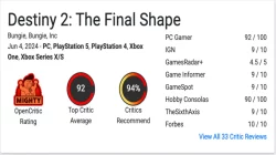 Destiny 2 The Final Shape, Best Reviewed Game 2024