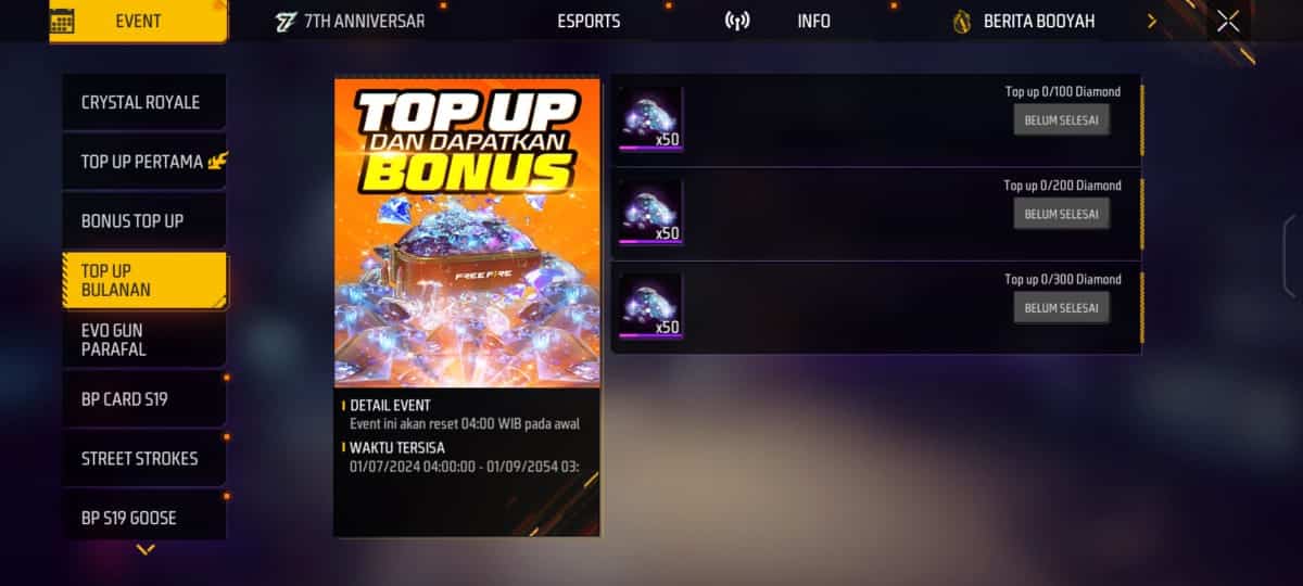 diamond ff gratis bonus top up bulanan juli 2024