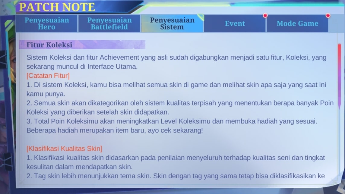 Rincian Patch Note terbaru