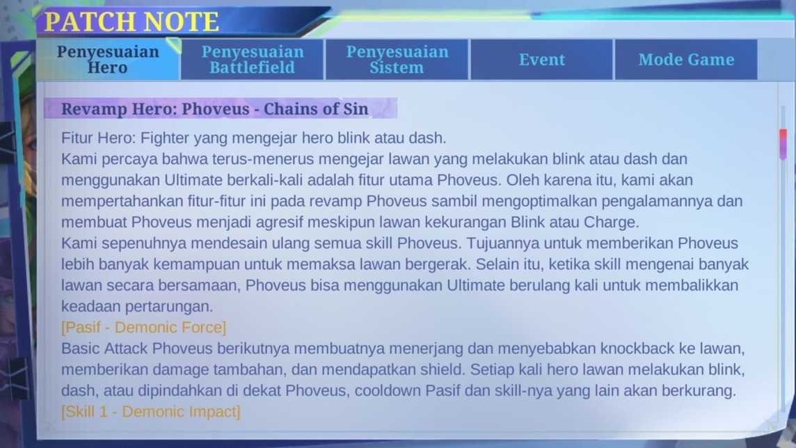 Patch Note revamp Phoveus