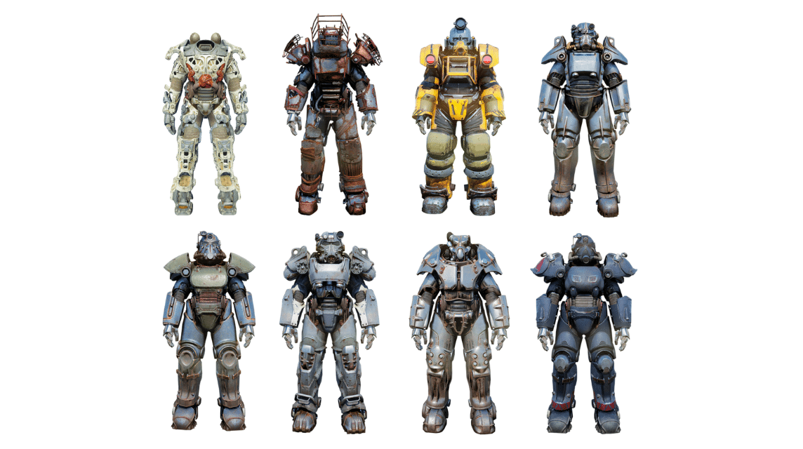 Mehrere Ansichten der Power Armor in Fallout 76