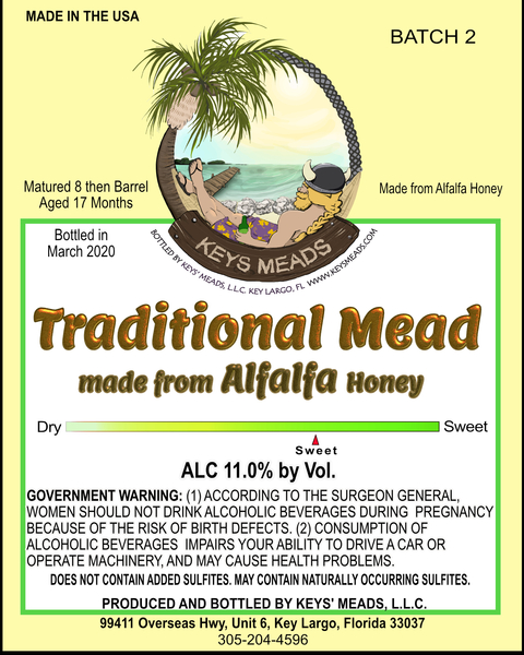 2018 Traditional Sweet Mead made from Alfalfa honey