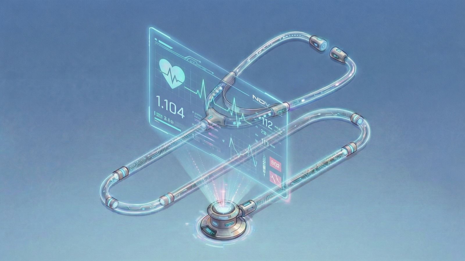 Futuristic stethoscope with an AR screen with vitals and data on a blue background
