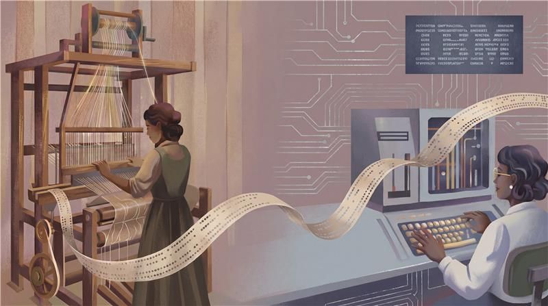 Cartoon showing connection from loom punch cards to modern computers 