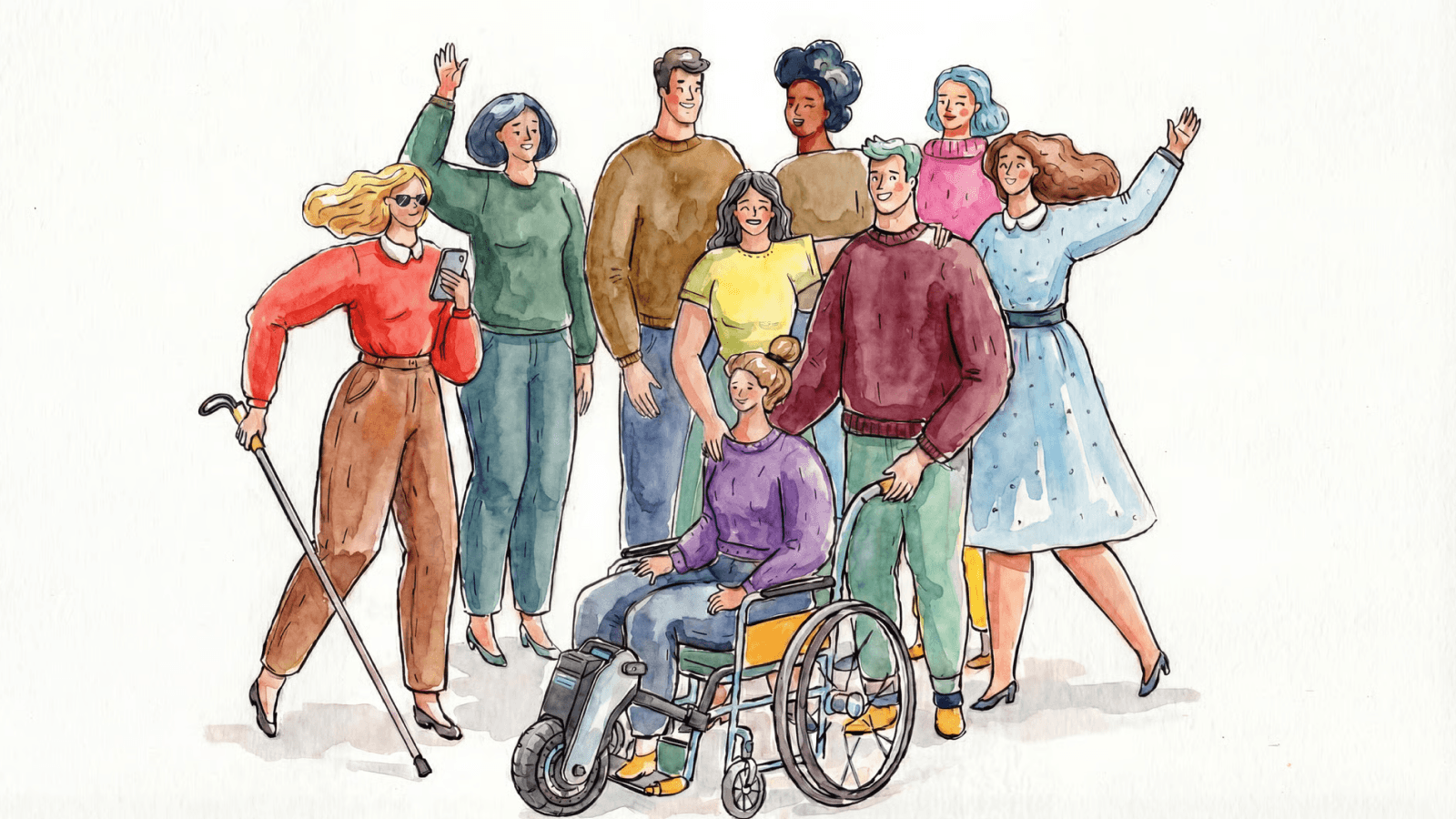 Illustrated image of a group of people smiling, with some showing off the tech talked about in the article