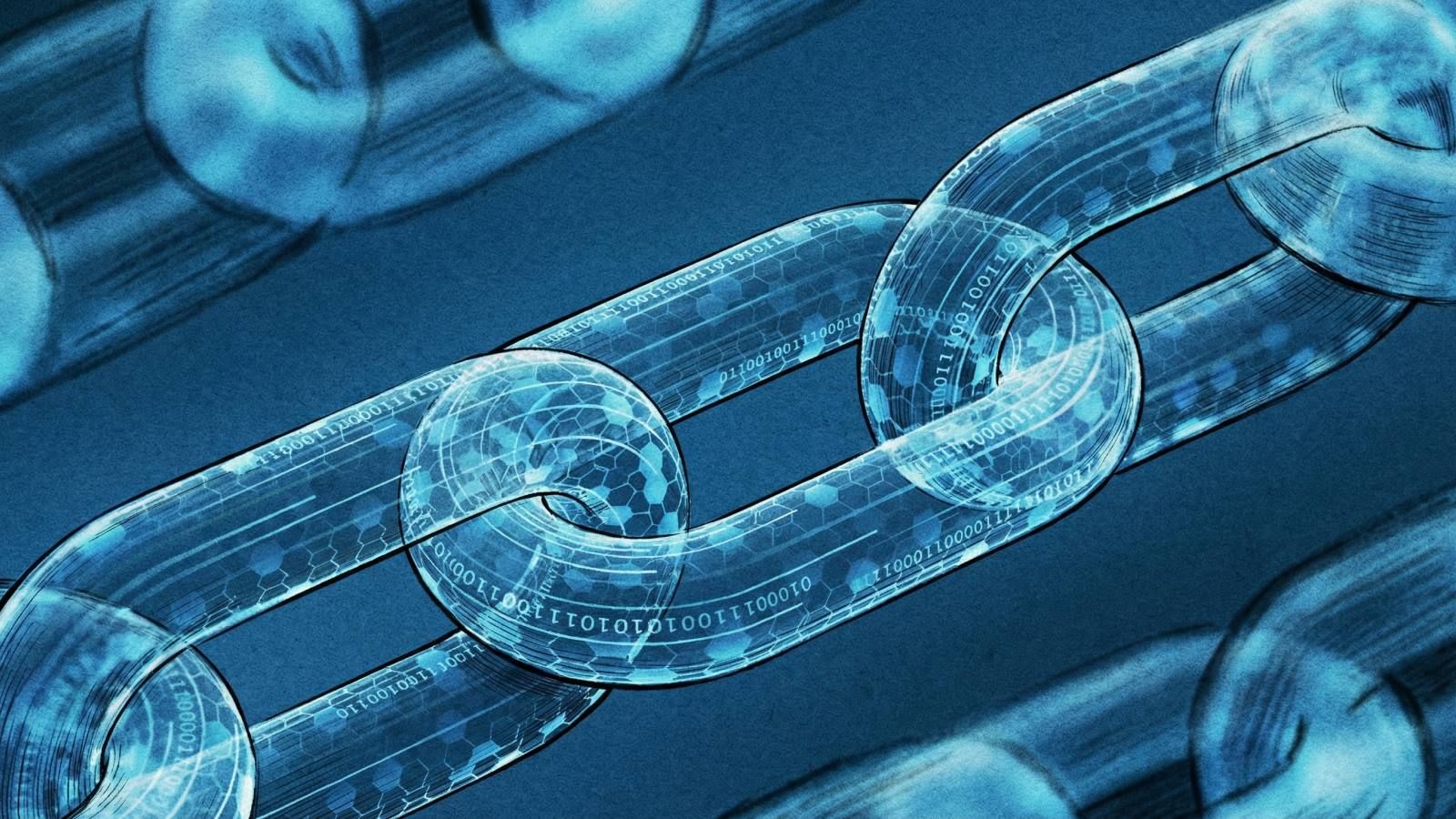 A blue translucent chainlink with binary code around it