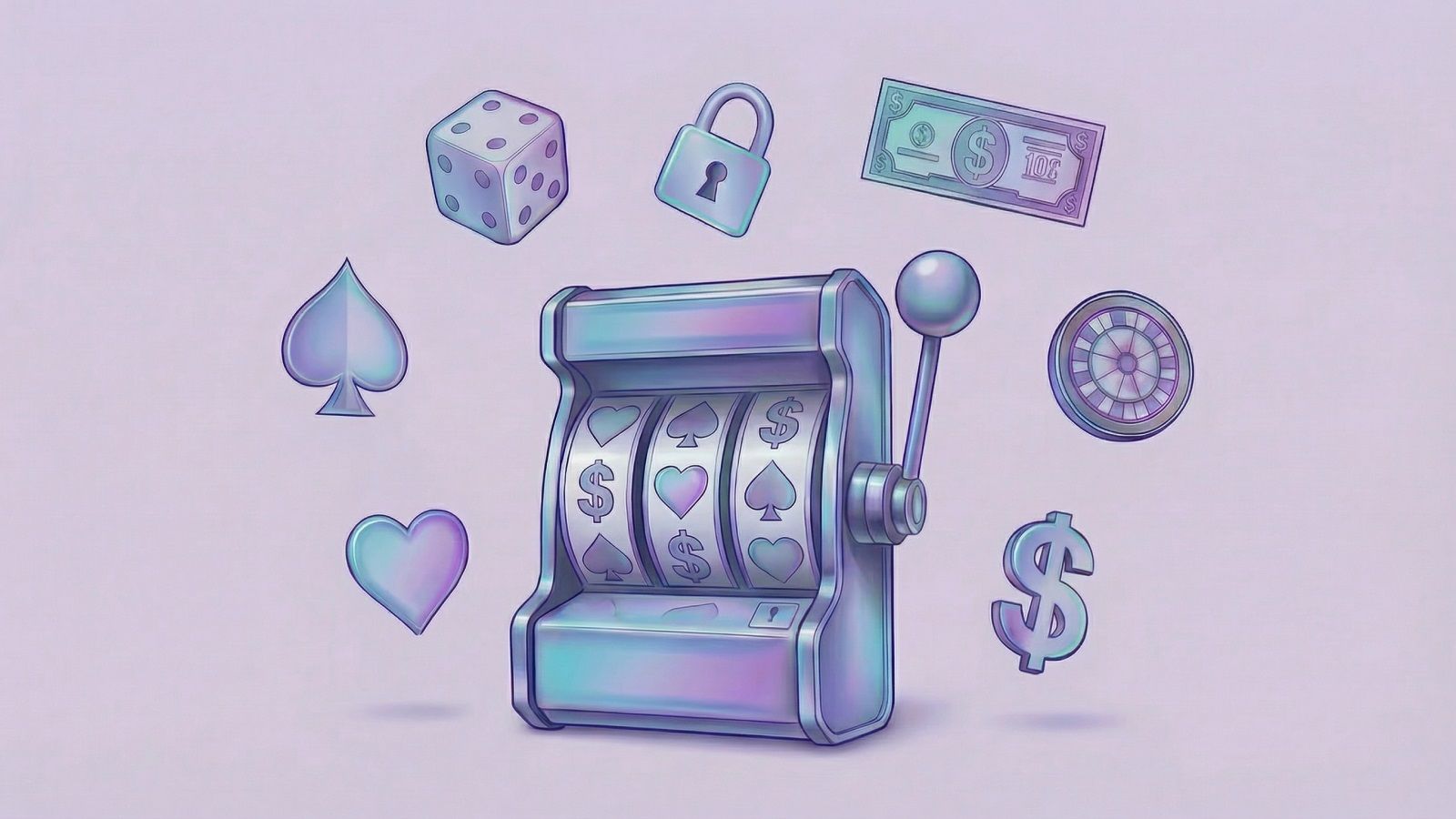 A slot machine surrounded by card symbols, a padlock, dollar bill, dice, and a poker chip on a pink background