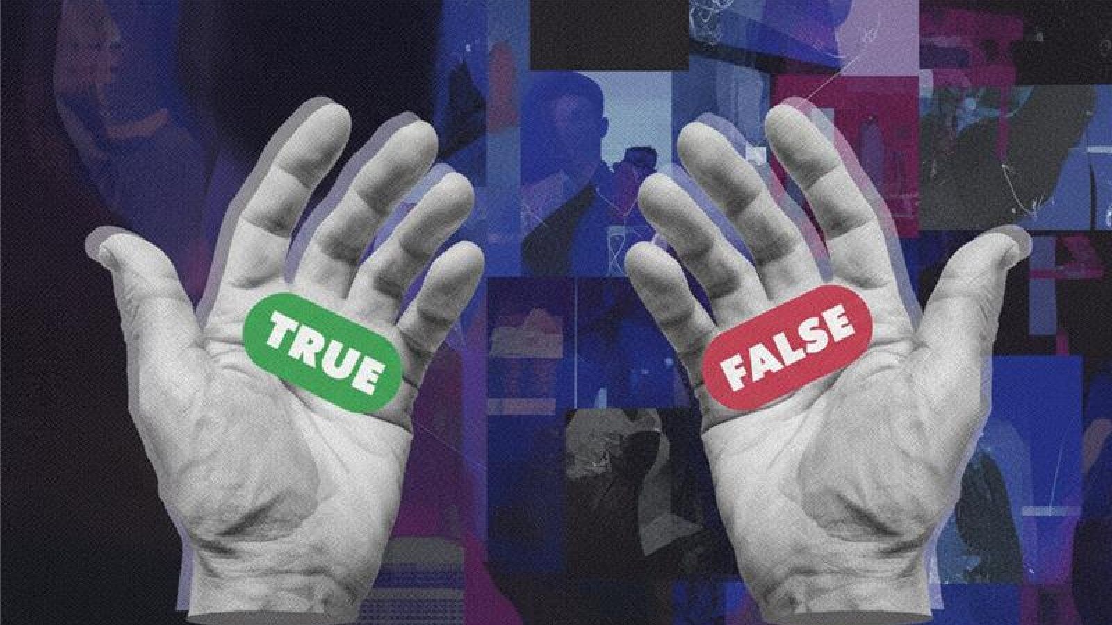 Two hands, one has a green text bubble that says "true" and the other had has a red bubble that says "false"