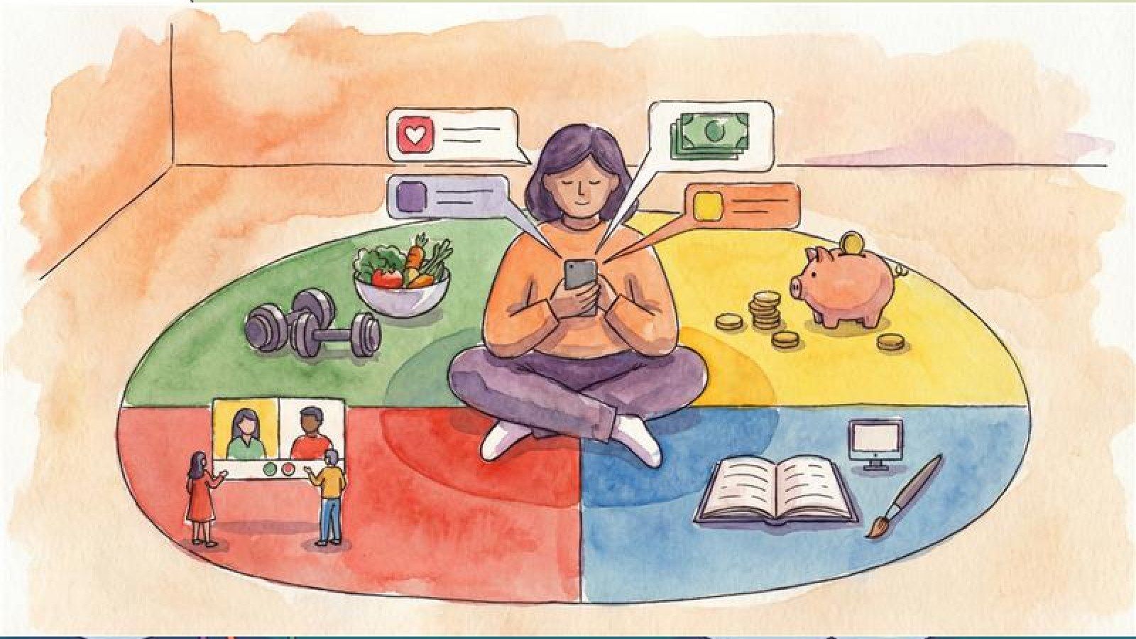 Watercolor style art of a woman in room sitting on a rug divided in 4 parts representing different goals: connection, health, education, finances 