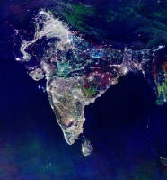 Colorful nightime satellite view of India with lights