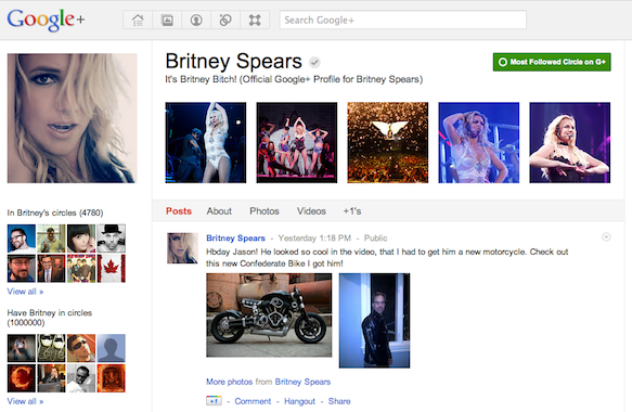 Britney Spears One Million+ Followers in Google+