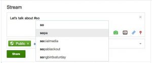 Google+ hashtag autocomplete suggestions