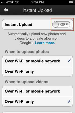 How to Disable Instant Upload on Google+ Iphone App?