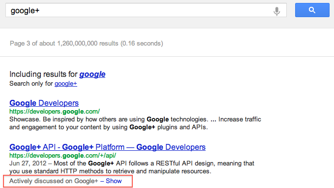 Actively Discussed on Google+ : A New Link on Search Results That Shows What People Are Talking About Your Searched Keyword With Comments!