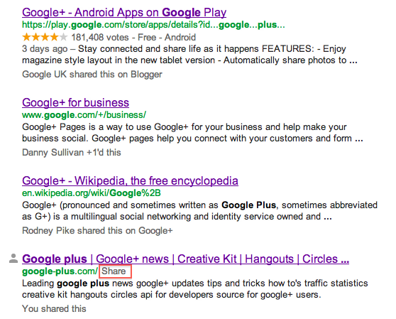 +1 Is Out and New Share Link in Search Results to Share Website With Your Friends or Circles