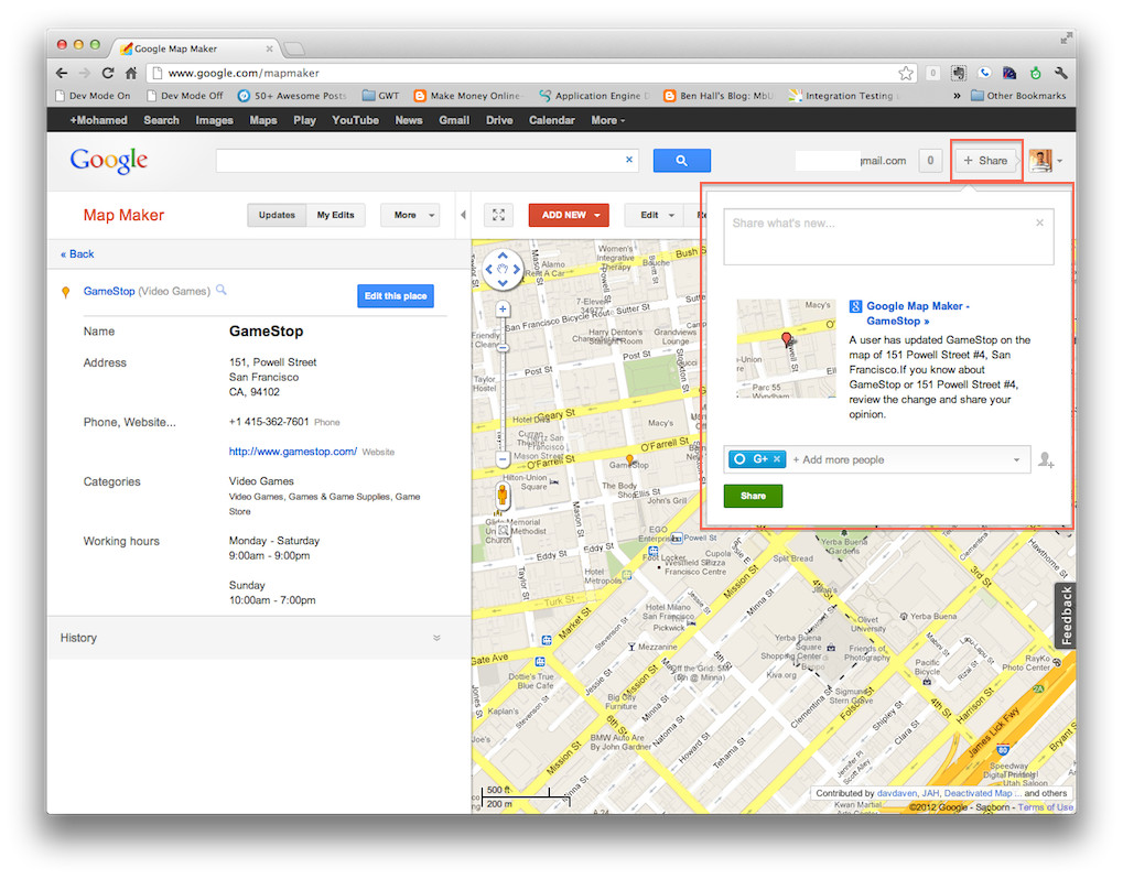 Map Maker Gets Google+ Share : Collaboratively Map Any Place, Business or Destination!