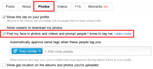 turn off face tagging in google+ via profile