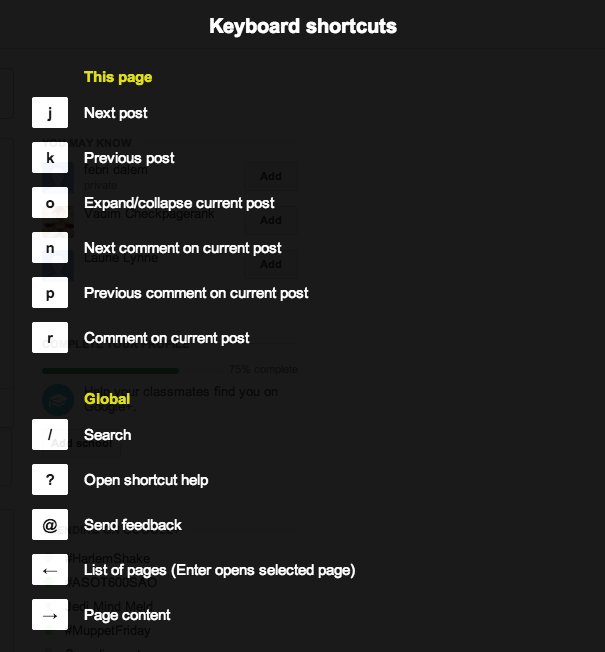 Google+ keyboard shortcuts