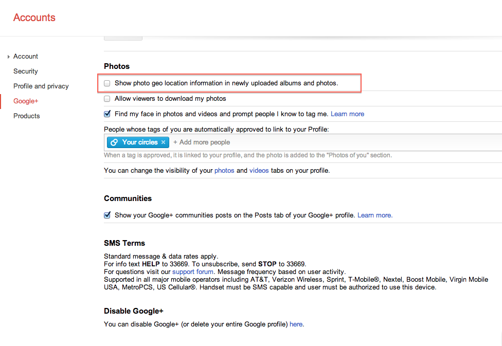 Google+ setting to show / hide geo location information