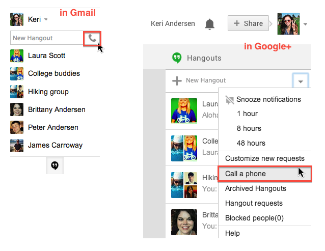 make free phone calls from google+ hangouts app