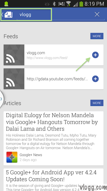 How to add vlogg.com to My News in Google Play Newsstand? [images: vlogg.com]