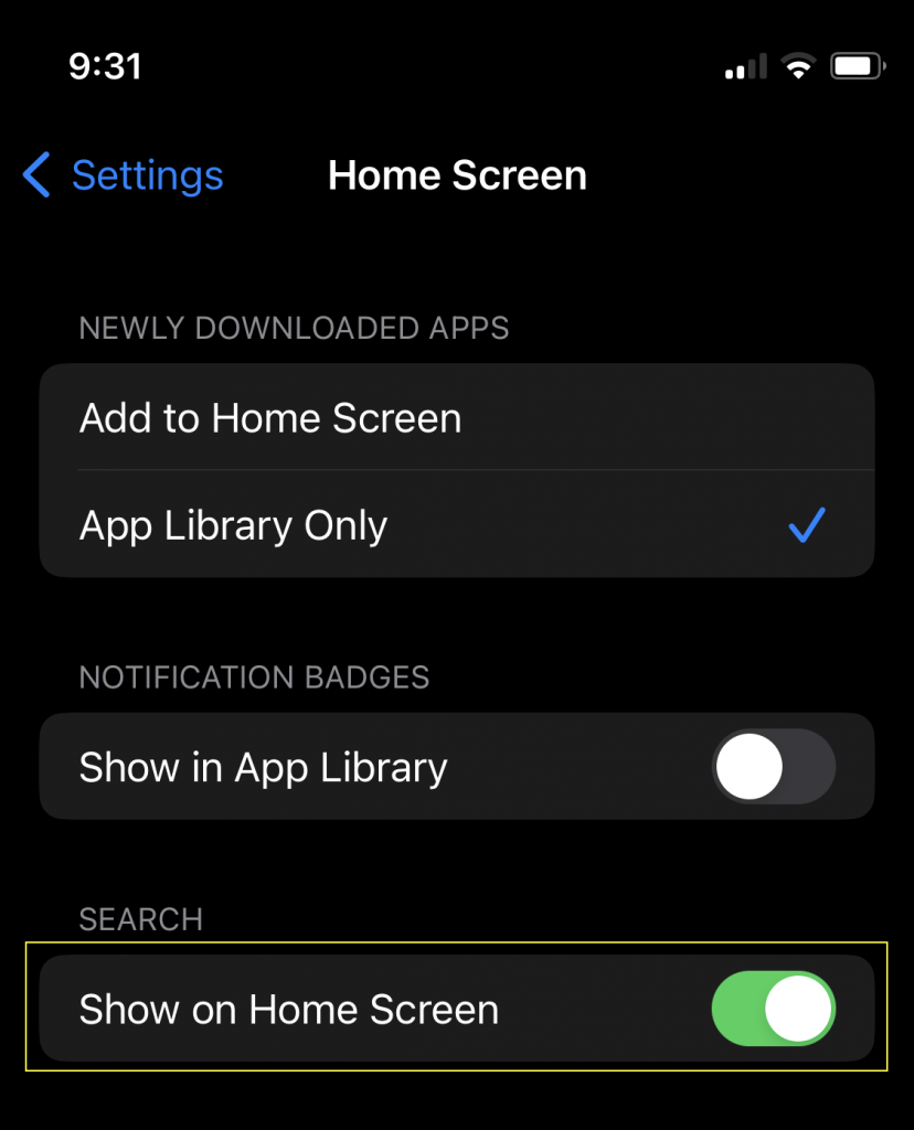 Search -> Show on Home Screen