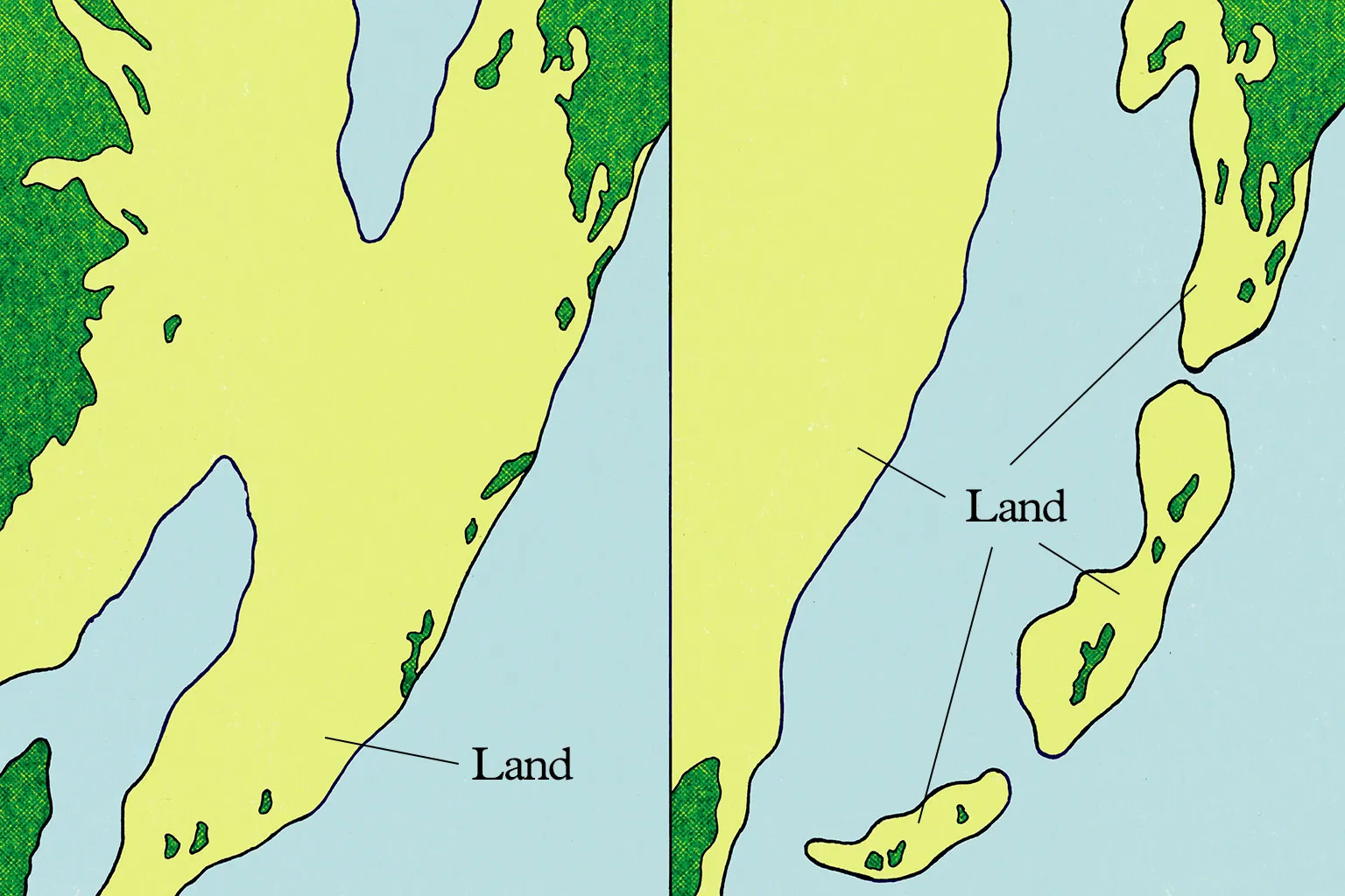 15 million to 20,000 years ago: Formation of the islands from the adjoining continent