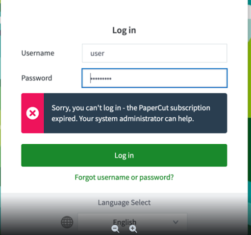 Screenshot of PaperCut MF admin and user login screen showing the error message for an expired subscription