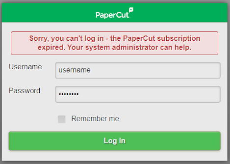 Screenshot of the Mobile Print Release client showing the error message when a subscription has expired