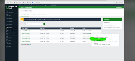 Screenshot of the External Device List. Shows the details link clicked next to a device, and the dropdown showing the status details. One of the details is No entitlements available.