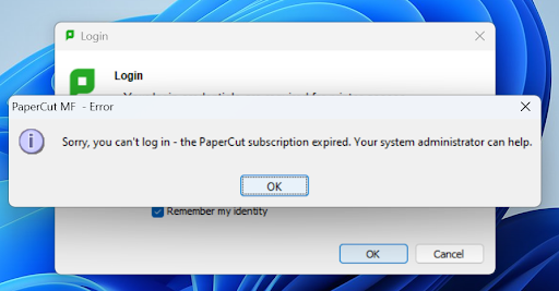 Screenshot of the PaperCut User Client login screen showing the common error message.