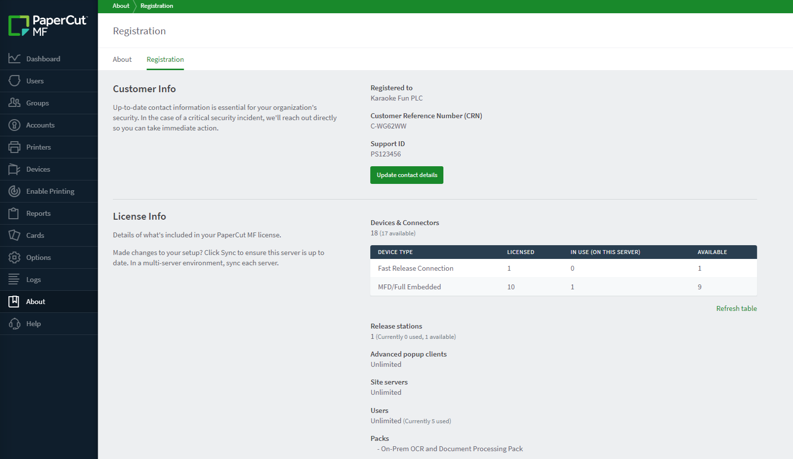 Screenshot showing the License Info section of the admin interface, under About > Registration