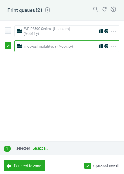 Screenshot showing the ‘Print queue’ panel in Print Deploy, with 2 print queues, one of which is selected. At the bottom of the panel is the ‘Connect to zone’ button and also the ‘Optional Install’ checkbox which is checked.