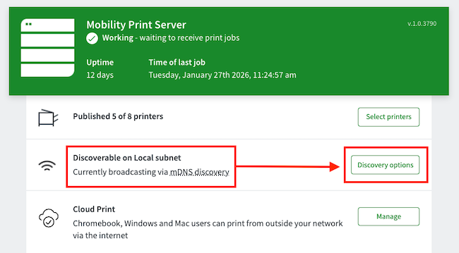 A screenshot showing the mobility print admin console, highlighting the current discovery method