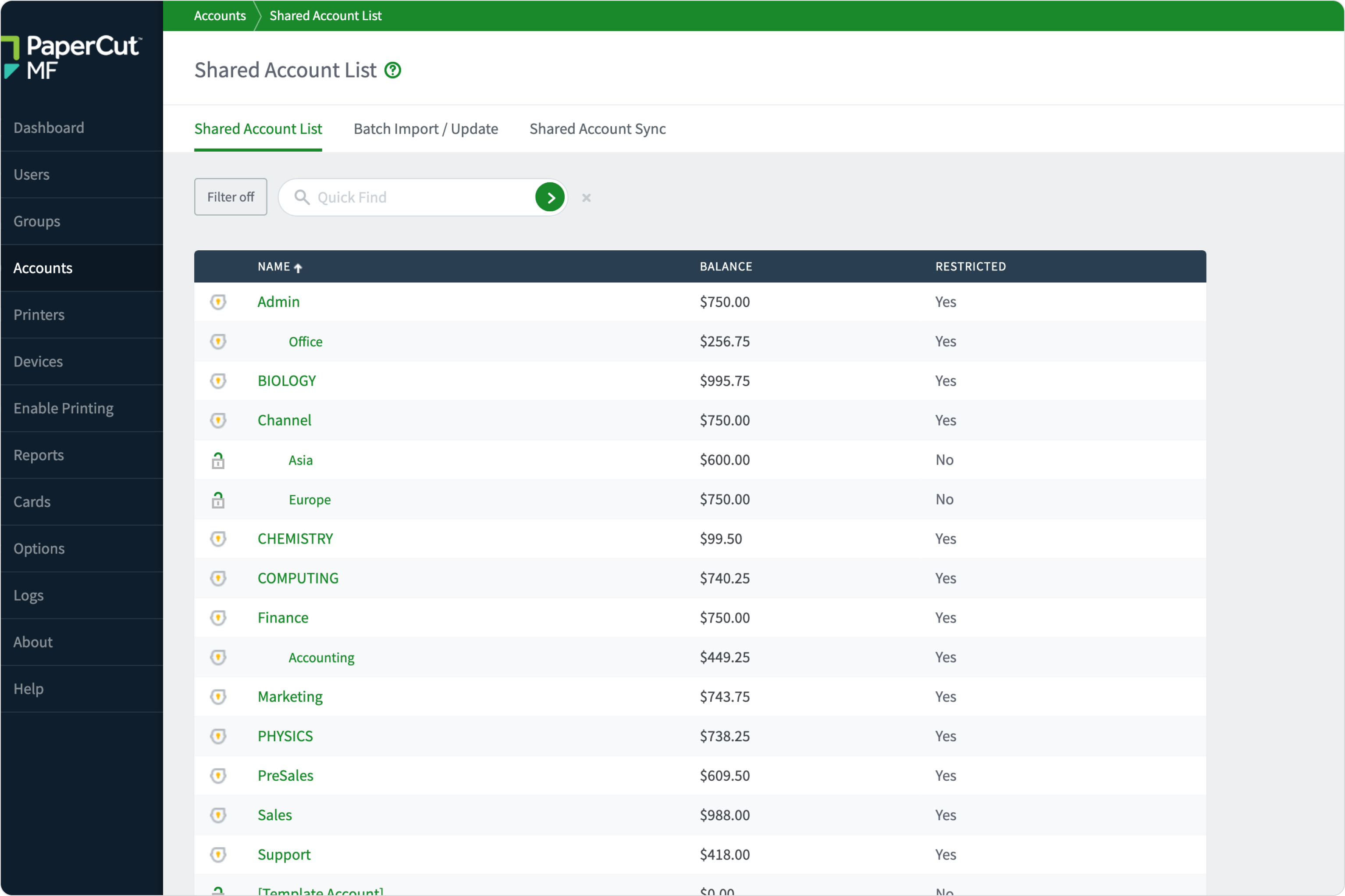 An example of the PaperCut MF shared account list