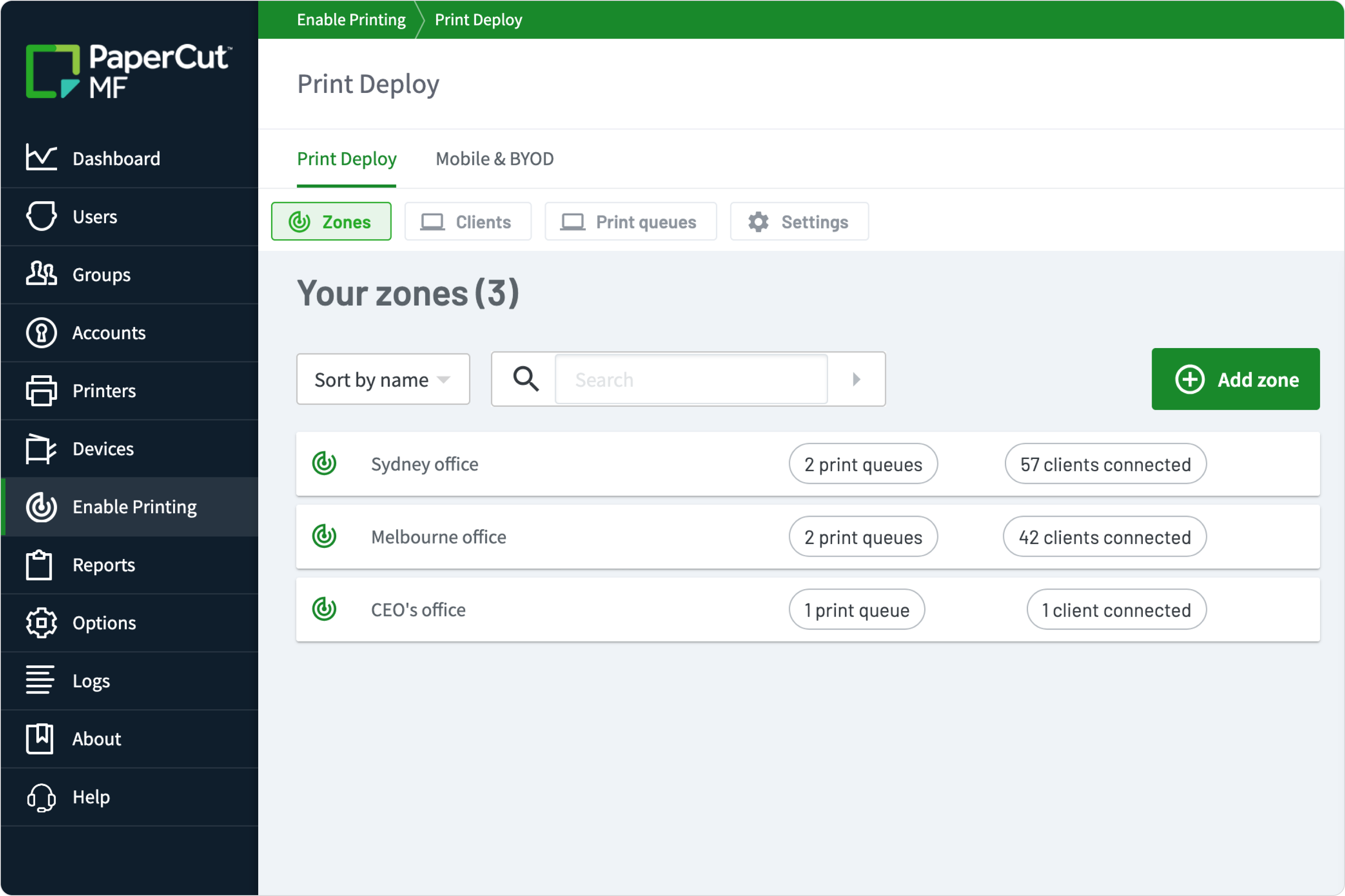 The PaperCut MF Print Deploy admin console showing three zones: Sydney office and Melbourne office with two print queues each, and a CEO’s office zone with one print queue and one client.