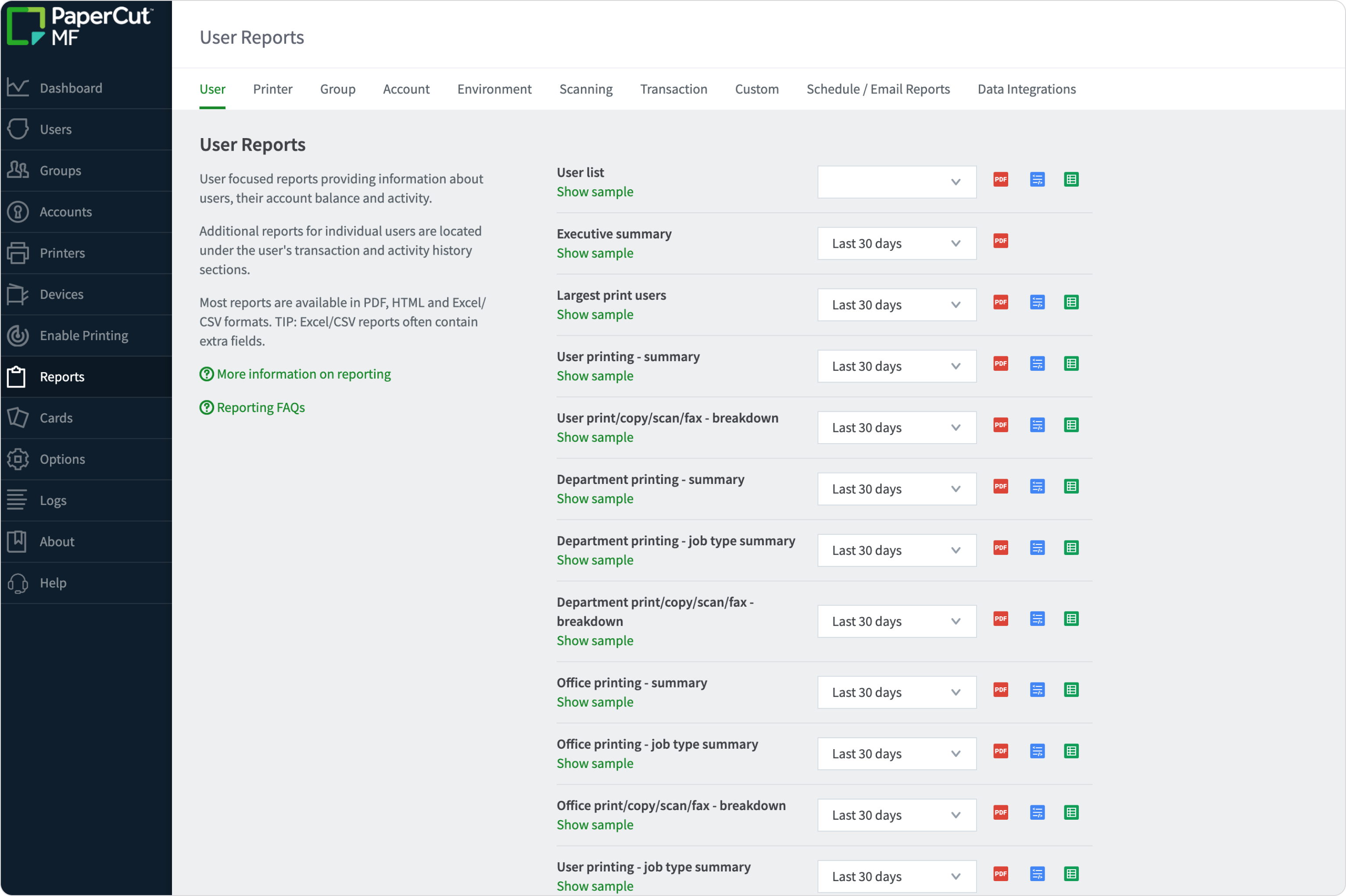 PaperCut MF user interface showing the list of available user reports.