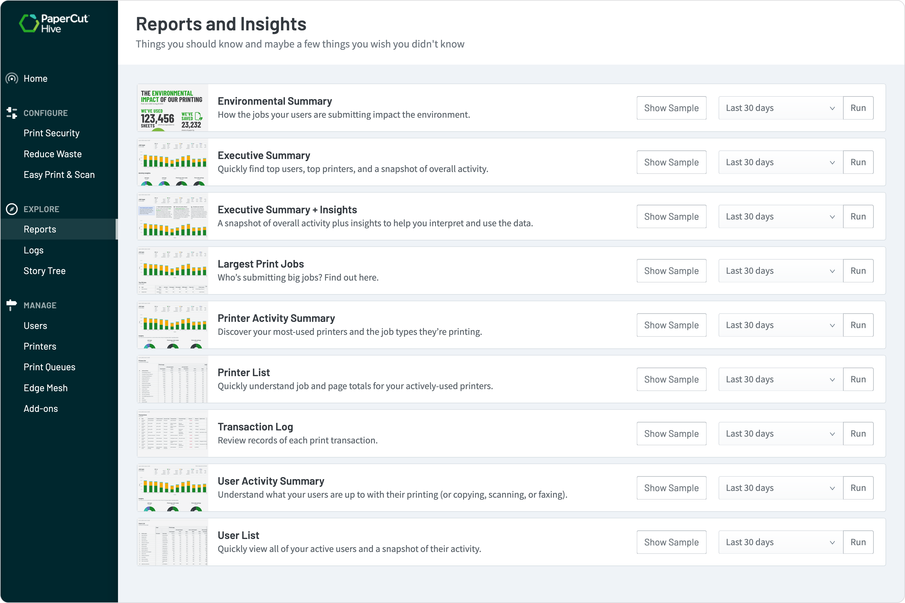 Screenshot of PaperCut hive showing availble reports