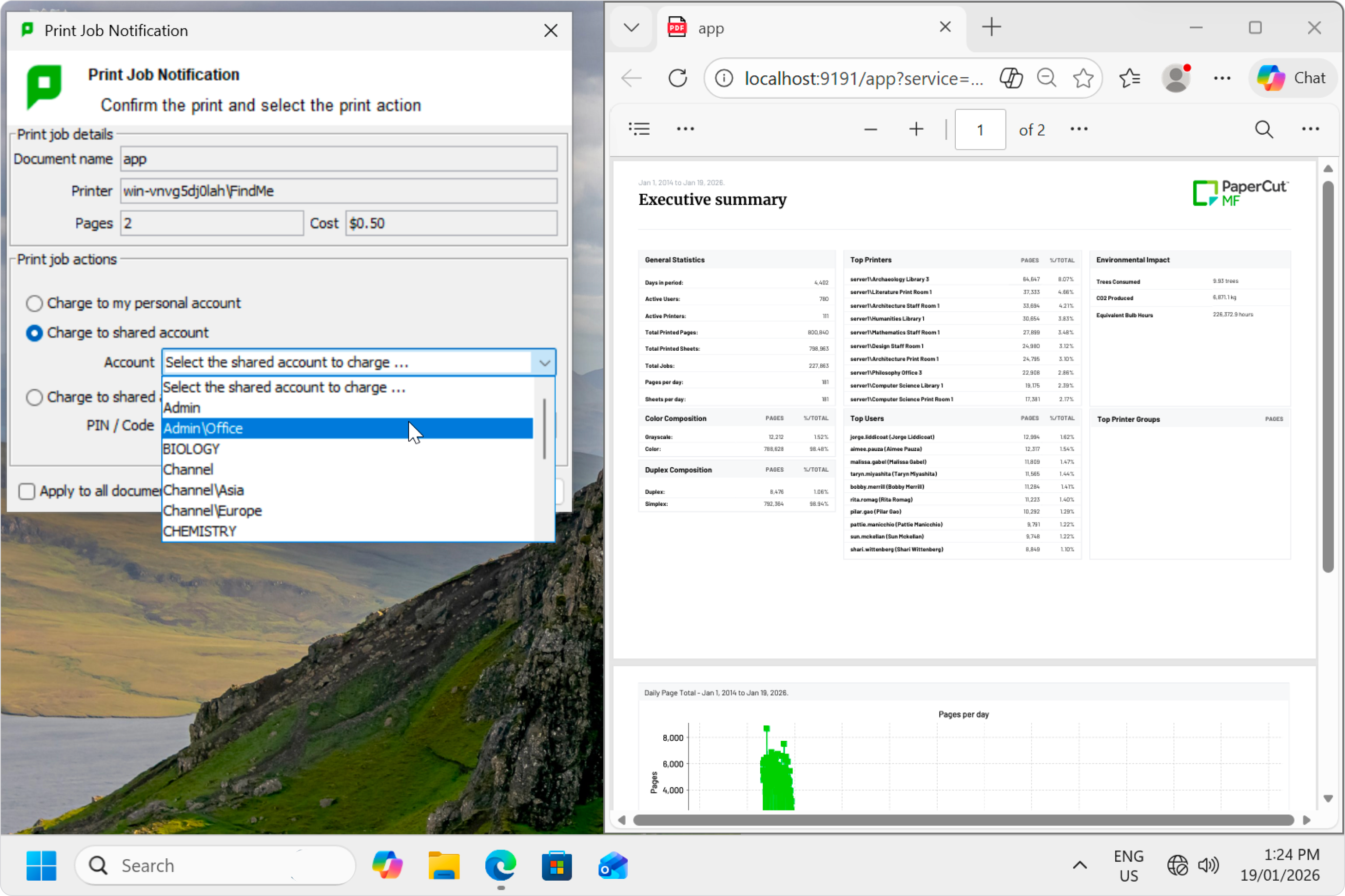 Desktop with the PaperCut MF user client pop-up being used for shared account selection at the time of print.